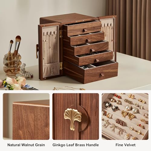 CHOSIN Black Walnut Wooden Jewelry Box 5 Layer Large Wood Jewelry Organizer Brass Handle for Necklaces Rings Earrings Watches Storage Monther Mothers Day Gifts for Mom (7.9x8.7x10.0inches) - style: Ginkgo Leaf - Shaped Handle