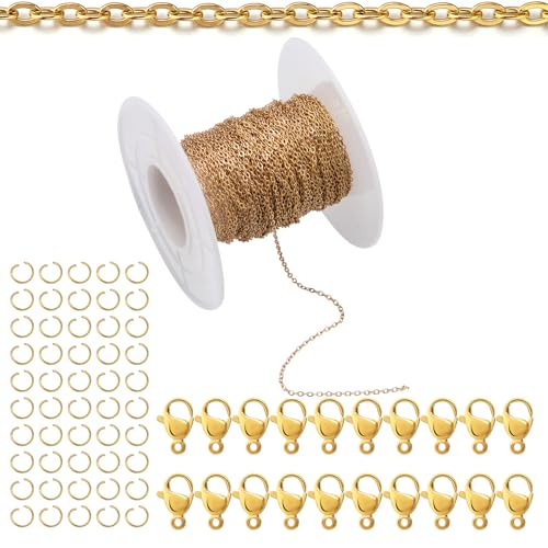 33Feet 18K Gold Stainless Steel Necklace Chains Cable Link Chains for Jewelry Making DIY Craft Kit with Lobster Clasps Jump Rings - color: 33Feet-Gold, size: 1.5mm