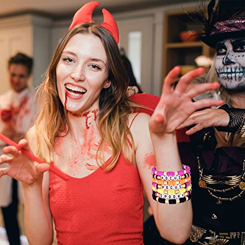 FAERLIIRY Halloween Bracelets for Women Preppy Heishi Bracelets HOCUS POCUS SPOOKY Letter Stack Vinyl Disc Beads Surfer Stretch Bracelet Halloween Cosplay Jewelry Gifts - style: HOCUS POCUS