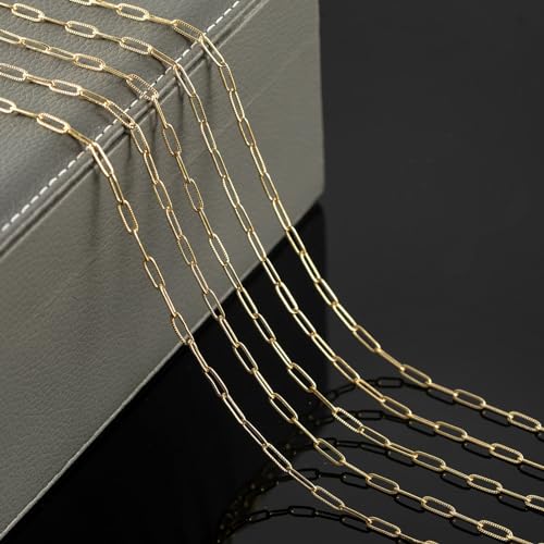 YOUBEIYEE 16.4 Feet Light Gold Embossed Paperclip Chain for Jewelry Making 18K Gold Plated Brass Chain Roll Women Necklace Bracelet DIY Jewelry Supplies - color: Embossed Paperclip