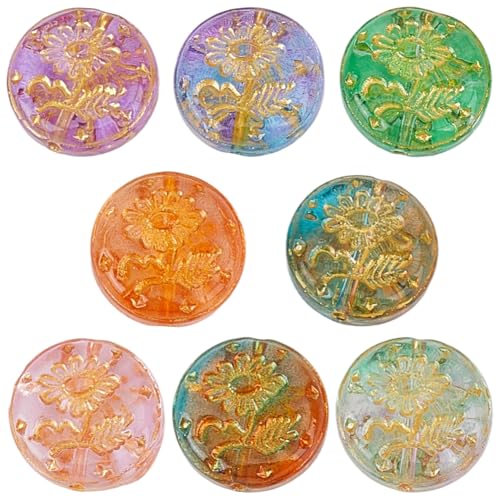 1 Box About 40Pcs Glass Flat Round Beads Metal Enlaced Flower Pink Green Transparent Bohemian Charm Golden Sunflower Paint Vintage Bead for Jewelry Making Bracelet Keychain Diy Craft Supply