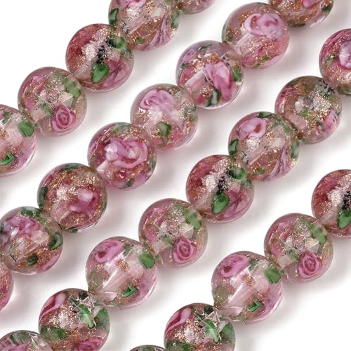 1 Box 40PCS 10MM Pink Rose Round Flower Beads with Holes Lampwork Glass Floral Handmade Gold Sand Murano Spacer Loose Bead Strand Bulk for Jewelry Making Necklaces Bracelet Diy Craft Supply - color: Pink, size: 40pcs