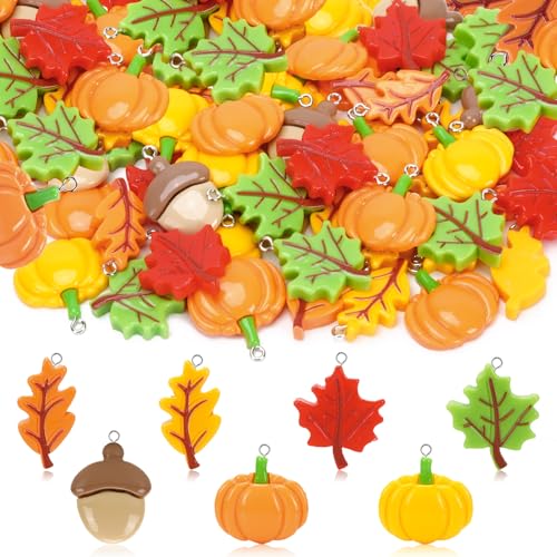 Augshy 64 Pcs Fall Resin Charm, Autumn Maple Leaf Pumpkin Acorn Pendant Thanksgiving Crafts for DIY Earring Bracelet Necklace Jewelry Making - style: Fall Style