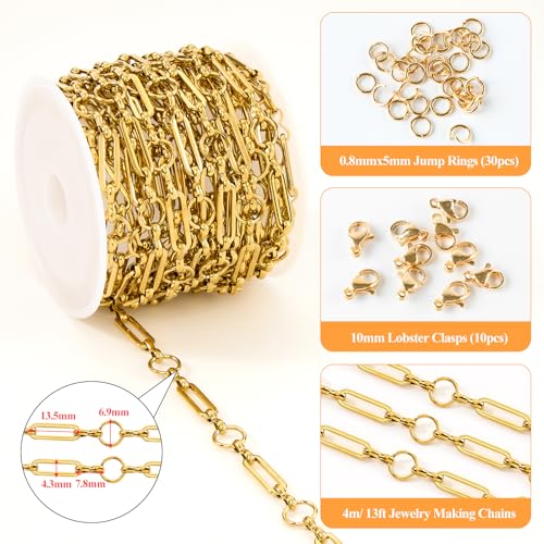 YOUBEIYEE 4 Meters Gold Plated Chains for Jewelry Making Stainless Steel Circle Paperclip Chain Roll with Jump Rings and Lobster Clasps - color: Circle Paperclip Gold
