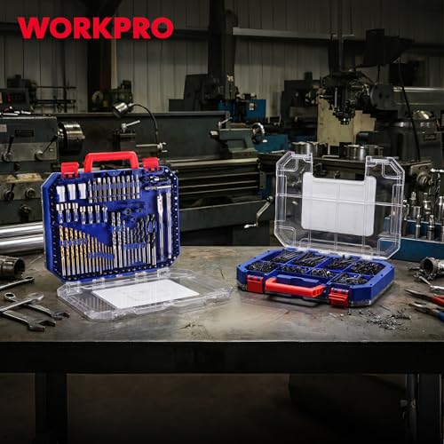 WORKPRO 455-Piece Drill Bit Set and Screwdriver Bit Set, Titanium Twist Drill Bits, Drywall Screws with Double Sided Storage Case, for Wood Metal Plastic Concrete Masonry - style: 455 PCS