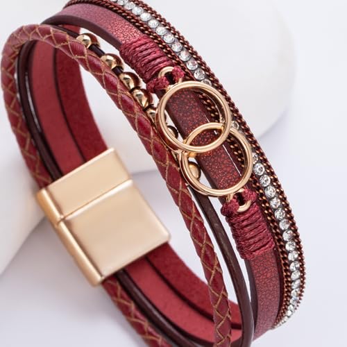 FANCY SHINY Mothers Day Gifts Boho Leather Wrap Bracelet Stackable Infinity Chunky Cuff Bracelets Western Hippie Outfits Jewelry Valentine Gifts for Women - color: Burgundy