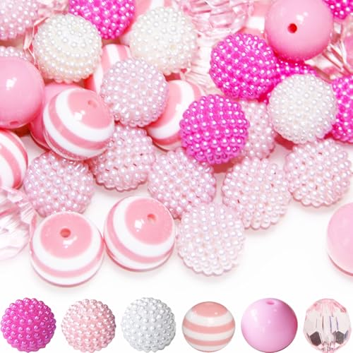 48 Pcs 20mm Beads for Pens Bubblegum Beads Pink Crystal Acrylic Round Chunky Beads Sparkly Large Balls Beads for Pen Beadable Keychain Bracelet Necklace DIY Jewelry Making Supplies - color: Pink Color