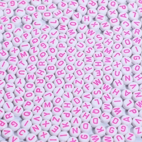 600pcs Acrylic Letter Beads Alphabet Pink Letters White Round Bead, 4x7mm, for Friendship Bracelets and Gifts Souvenir Jewelry Making - color: Pink Letter White Bead