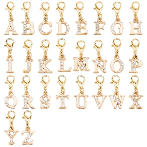 SUPERFINDINGS 26Pcs Alphabet Charms with Lobster Claw Clasps 2.5cm/0.98" Alloy Rhinestone Pendant Letter Clip On Charm Platinum/Golden Letter A~Z Charms for Wedding Gift Decoration - color: Golden