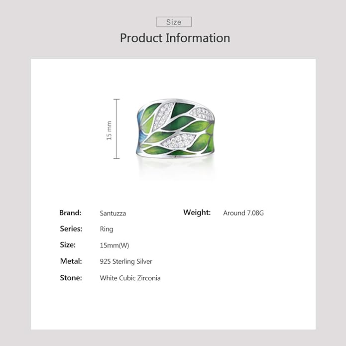 Santuzza 925 Sterling Silver Bamboo Leaves Ring Handmade Enamel Leaf Pattern Ring for Women