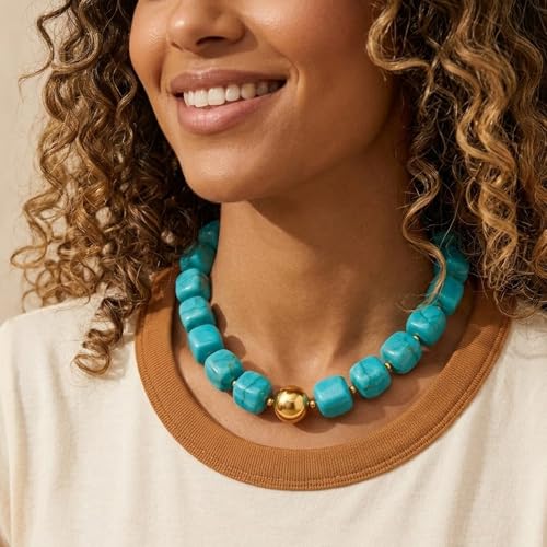 Mchic Colorful Beaded Choker Necklace for Women: Boho Large Square Acrylic Beaded Necklace Stainless Steel Adjustable Surfer Beach Strand Necklaces Summer Handmade Jewelry Gift for Women - color: Teal
