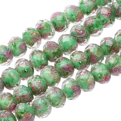 1 Box 60PCS 9-10MM Green Flower Lampwork Glass Beads Rose Rondelle Gold Sand Faceted Rondelle Floral Garden Handmade Spacer Loose Bead Bulk for Jewelry Making Necklace Bracelet DIY Craft - color: Green, size: 60pcs