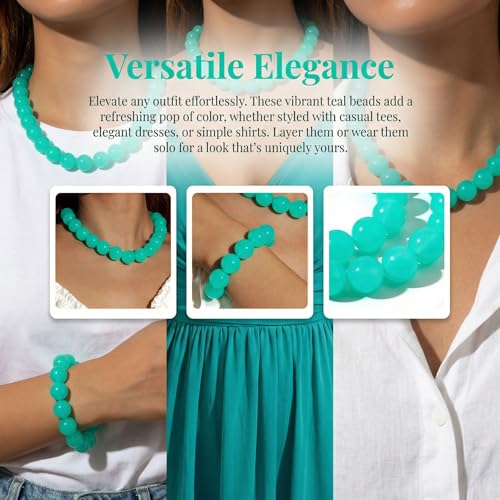 Colorful Chunky Beaded Necklace for Women Acrylic Bead Choker Necklaces Fashion Large Round Beads Necklaces for Women Handmade Summer Jewelry - color: Cyan bracelet + necklace