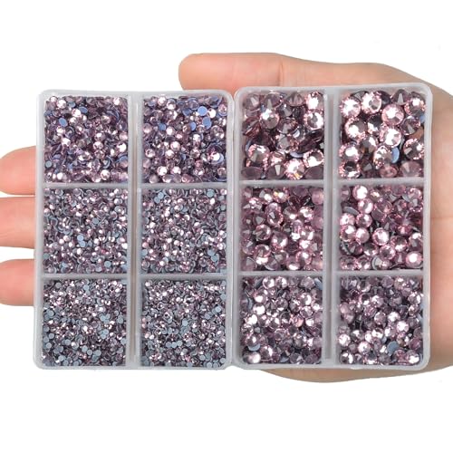 10000Pcs 2-Boxes Mixed Size Hot Fix Round Crystals Gems Glass Stones Hotfix Flat Back Rhinestones with Tweezers and Picking Pencil (Light Amethyst) - color: Light Amethyst, size: 2-Box (10000pcs)