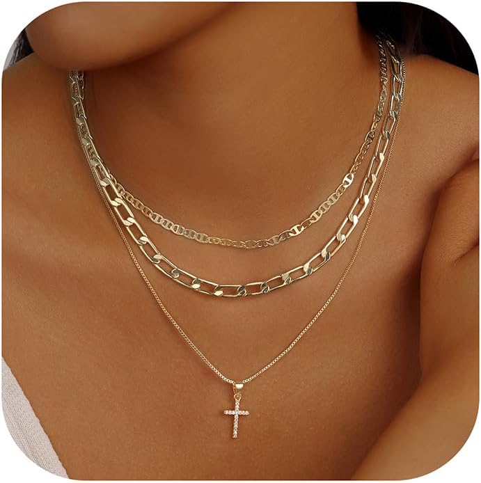 Evabelle Gold Layered Necklace for Women Trendy Jewelry 14K Real Gold Plated Chunky Chain Stackable Necklaces Dainty Choker Necklaces Rectangle Square Pendant