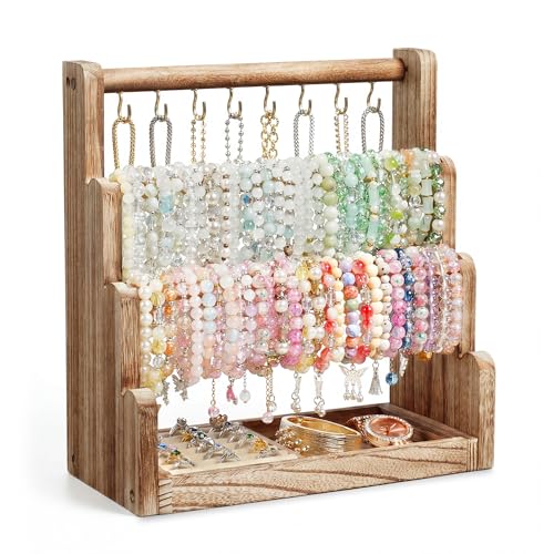 Emfogo Jewelry Organizer Stand, 4 Tier Wood Bracelet Holder With Necklace Holder, Rustic Large Capacity Jewelry Holder Display for Bracelets Bangles Necklaces Rings Watches Scrunchies (Rustic Brown)