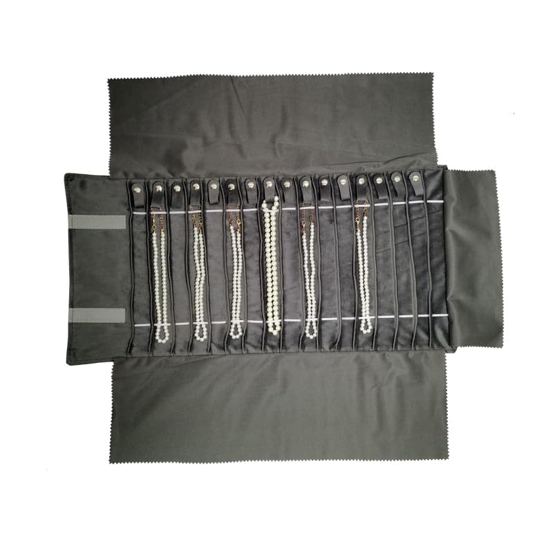 Portable Jewelry Roll Untangled Secure Necklace Travel Storage Bag Displays Holder 16 Chain (Pink PU and gray velvet) - color: Pink PU and gray velvet