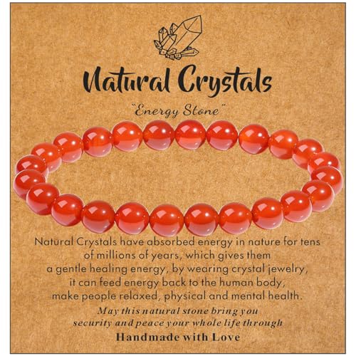 MAIBAOTA Healing Crystal Bracelet for Women Men, 8/4 mm Natural Stone Beaded Bracelets, Jewelry Birthday Gifts, Round Gemstones Stretch Bracelets - color: Red-Carnelian, size: 8 mm