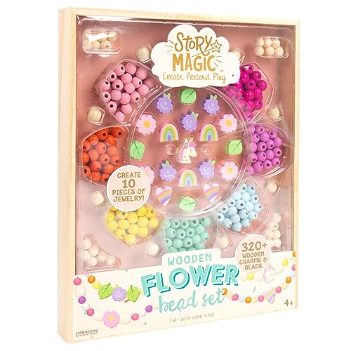 Story Magic Wooden Flower Bead Set, Over 300 Large Hole Wood Beads & Charms for Beading Bracelets, Bracelet Making Kit, Flower Bracelet Kit, Whimsical Bracelet Charms, Storage Tray Included, Ages 4+ - size: Large, style: Flower Bead Set