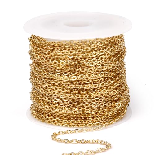 33 Feet 18K Gold PVD Plated Stainless Steel Cable Chain Bulk, 2.5mm 304 Stainless Steel Flat Cable Link Chains Roll Spool for Jewelry Making Necklace DIY Craft - color: Gold Color, size: 2.5mm width