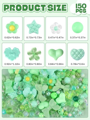 150PCS Acrylic Pastel Beads for Jewelry Making, Kalolary Colorful Bow Butterfly Flower Kawaii Plastic Candy Heart Cute Macaroon Aesthetic Beads for Bracelet Necklace DIY Supplies (Green) - color: Green