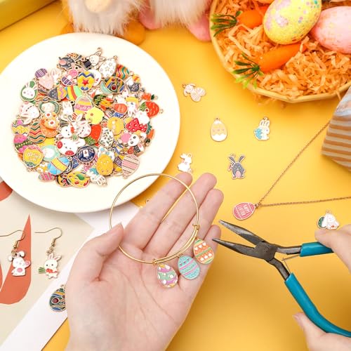 MARFOREVER 120 PCS Easter Charms for Jewelry Making, Assorted Gold Enamel Easter Bunny Egg Rabbit Charms Pendants Easter Spring Charm Bulk for DIY Bracelet Necklace Earrings Making Supplies - style: Easter