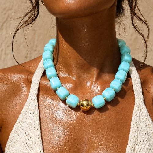 Mchic Colorful Beaded Choker Necklace for Women: Boho Large Square Acrylic Beaded Necklace Stainless Steel Adjustable Surfer Beach Strand Necklaces Summer Handmade Jewelry Gift for Women - color: Teal1