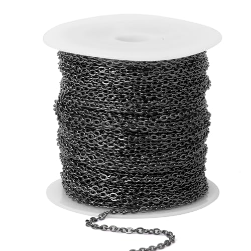 66 Feet Gunmetal Stainless Steel Cable Chains Bulk, 2mm 304 Stainless Steel Black Flat Cable Links Chain Roll Spool for Jewelry Making DIY Craft - color: Black, size: 2.0mm width