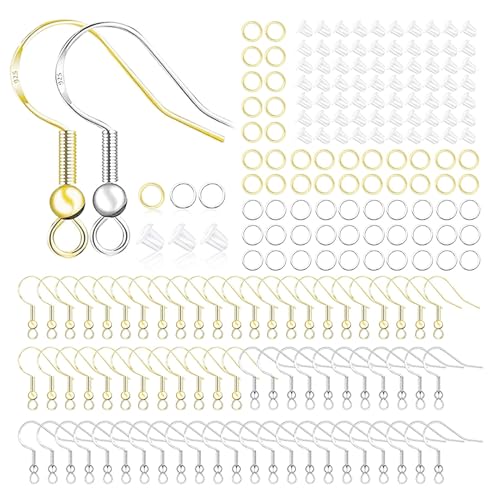 Hypoallergenic Earring Hooks 800 PCS/125 Pairs, Silver Plated Fish Hooks,500pcs Earring Making Kit with Jump Rings and Clear Silicone Earring Backs Stoppers for DIY Jewelry Making - color: Silver,Gold, size: 800pcs