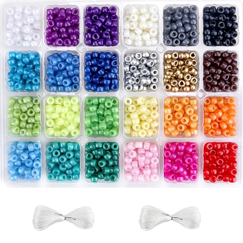 Greentime Pony Beads, 2800 PCS 9mm Bright Pearl Craft Beads for Bracelet Making Large Hole Bead Hair Bead for Friendship DIY Crafts - color: Rainbow 24 colors pearl style