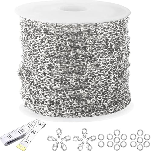 16 Ft Stainless Steel Bead Chain for Jewelry Making, 1.6 mm Thin Silver Ball Beaded Cable Link Chains Roll for DIY Necklace Bracelet Jewelry Making Supplies with Lobster Clasps Soft Tape Measure - color: Cross Bead Silver