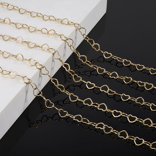 KYUNHOO 13 Feet Gold Plated Jewelry Making Chains Bulk on Spool Hollow Heart Links Chain for Crafting Stainless Steel Necklace Bracelet Making Supplies with Lobster Clasps Jump Rings - color: Heart Gold