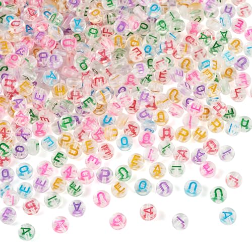 500Pcs Transparent Vowel Letter Acrylic Beads Clear Colorful Flat Round Capital Letter Alphabet Loose Spacer Beads for DIY Bracelet Necklace Keychain Jewelry Making 7x3.5mm - color: Transparent