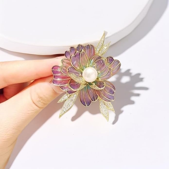 3Pcs Peony Flower Brooch Pin for Women Elegant Enamel Floral Brooch Set Dainty Cubic Zircon Pearl Lapel Pins Flower Pins for Clothes Hat Dress Accessories Prom Jewelry