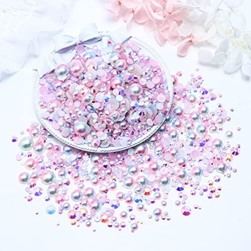 60g Mix Flatback Pearls and Rhinestones, 2mm-10mm Jelly Rhinestones and Half Pearls for Tumblers Shoes Nails Face Art, Pearl Rhinestone Mix for Bedazzling, White|Pinks - color: Daydream Blend | Mix White | Pinks
