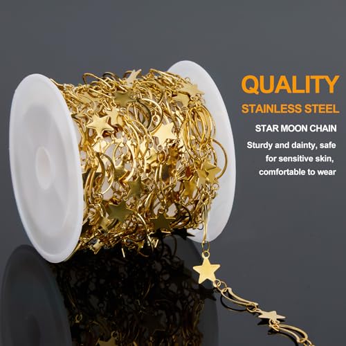 KYUNHOO Gold Plated Sequin Star Chain for Jewelry Making Hollow Moon Link Jewelry Supplies Stainless Steel Bulk Chains for Handcraft DIY - color: Star Gold