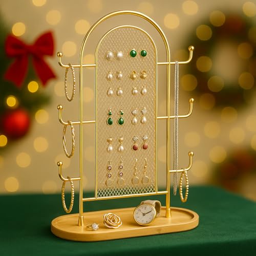 bussdis Jewelry Display Earring Stand Gold Organizer Earring StorageTree Jewelry Rack Towers with 6 Hooks 300 Stud Holes Wood Tray for Necklaces Bracelets Ring - color: Gold