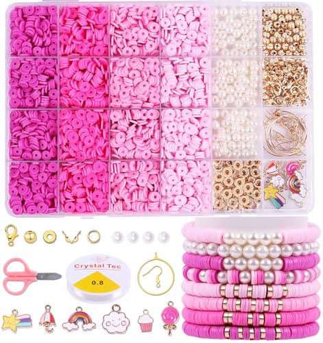 Wuollgess 3500PCS Pink Clay Beads for Bracelet Making Kit, Heishi Beads for Jewelry Making, Friendship Bracelet Kit, Spacer Beads for Adult Necklace Earring DIY - color: Pink