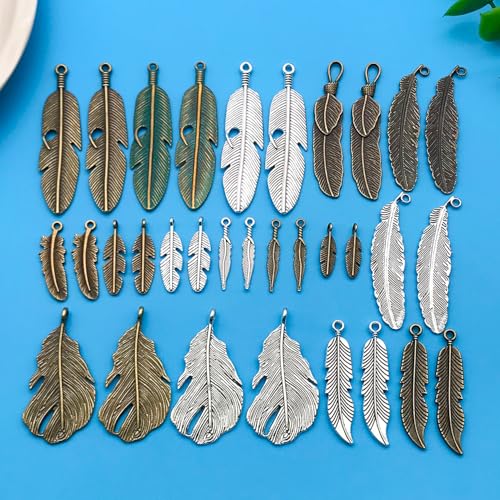 Youdiyla 32pcs Alloy Ancient Silvery Ancient Cyan Feather Series Pendant Jewelry Making DIY Keychain Earrings Pendant Various Design Charms for Jewelry Making Bracelets Necklace (M17) - color: M17