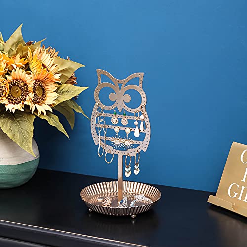 NIKKY HOME Earring Holder Hanging Organizer Stand Metal Jewelry Tree Table Top Owl Ear Stud Holder Tower Rack with Ring Tray for Girls (134 Holes), Gold - color: Rose Gold