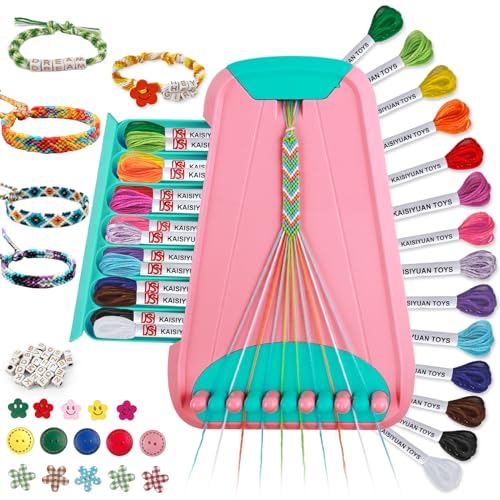 Friendship Bracelet Making Kit for Girls Ages 8-12, Kids Jewelry Making Kit with 28 Pre-Cut Threads and Letter Beads, Arts and Crafts for Kids, Birthday Easter Gifts for 6 7 8 9 10 11 12 Year Old - color: Pink/Cyan
