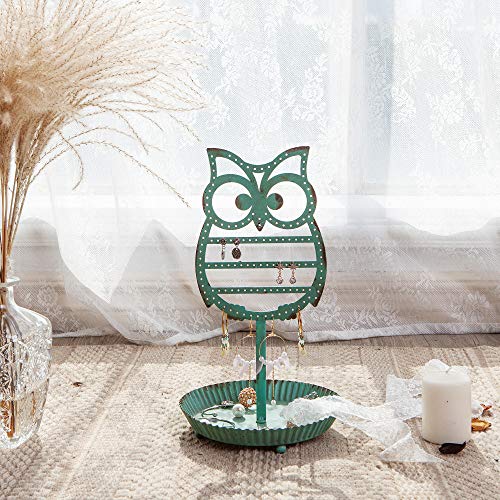 NIKKY HOME Earring Holder Stand Hanging Organizer Metal Jewelry Tree Cute Owl Ear Stud Holder Table Top Tower Rack with Ring Tray for Women Girls (134 Holes), Teal - color: Teal