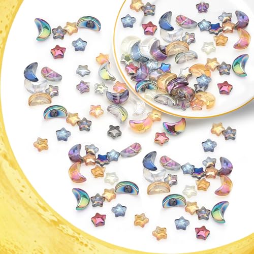 Glass Beads, KLFHS 60PCS Mixed Color Star and Moon Glass Beads for Jewelry Making, Cute Unique Bead Bulk Spacer Bead for Jewelry Bracelet Necklace Earring Craft Supplies DIY - color: Star-moon