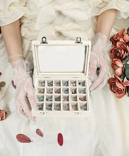 Velvet Jewelry Box 24 Grid Jewelry Earrings Display Organiser Box Ring Tray Holder Earrings Storage Case for Girls Women Wife Mom (Beige) - color: Beige