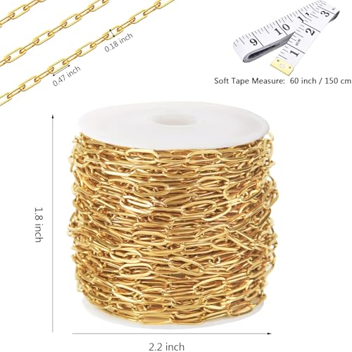 16 Ft Stainless Steel Paperclip Chain for Jewelry Making, 4.5mm Width Gold Plated Paper Clip Link Chains Roll for DIY Necklace Bracelet Jewelry Making Supplies with Lobster Clasps Soft Tape Measure - color: Paperclip 4.5mm Gold