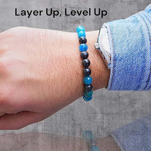 Black Obisidian Bracelets for Men 8" Inch Full Stretch Healing Crystal Bracelet, Beaded Charm Bracelet for Men Gifts Fathers Day Anniversary Birthday Gifts for Him - color: Hypersthene & Apatite Bracelets