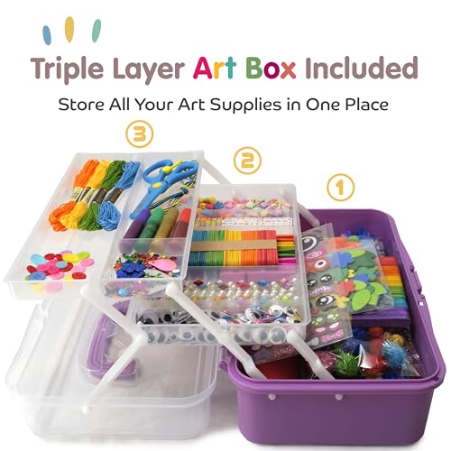 Olly Kids Arts and Crafts Supplies Set- 1000+ Pieces Giftable Craft Box for Kids: DIY Craft Supplies for Toddlers, School Project, and Homeschool - color: Purple