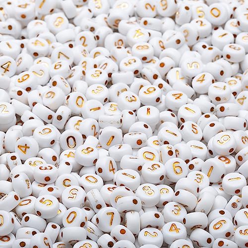 1000pcs Acrylic Number Beads 0-9 Round 4x7mm Mixed for Jewelry Making and DIY Bracelets, Necklaces, Key Chains (White/Gold) - color: White-Gold