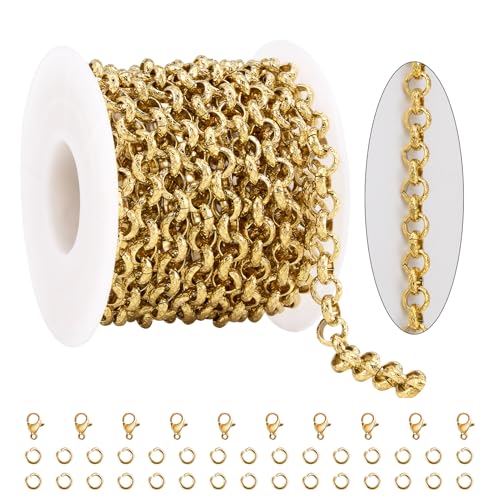 KYUNHOO 9.8FT/3M Gold Chain for Jewelry Making Textured Circle Links on Spool Stainless Steel Jewelry Chains Bulk for Necklace Bracelet DIY with Lobster Clasps Jump Rings - color: Circle Gold