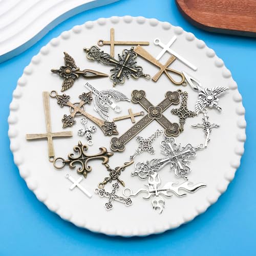 Youdiyla 21pcs Alloy Ancient Silvery Ancient Cyan Cross Series Pendant Jewelry Making DIY Keychain Earrings Pendant Various Design Charms for Jewelry Making Bracelets Necklace (M23) - color: M23